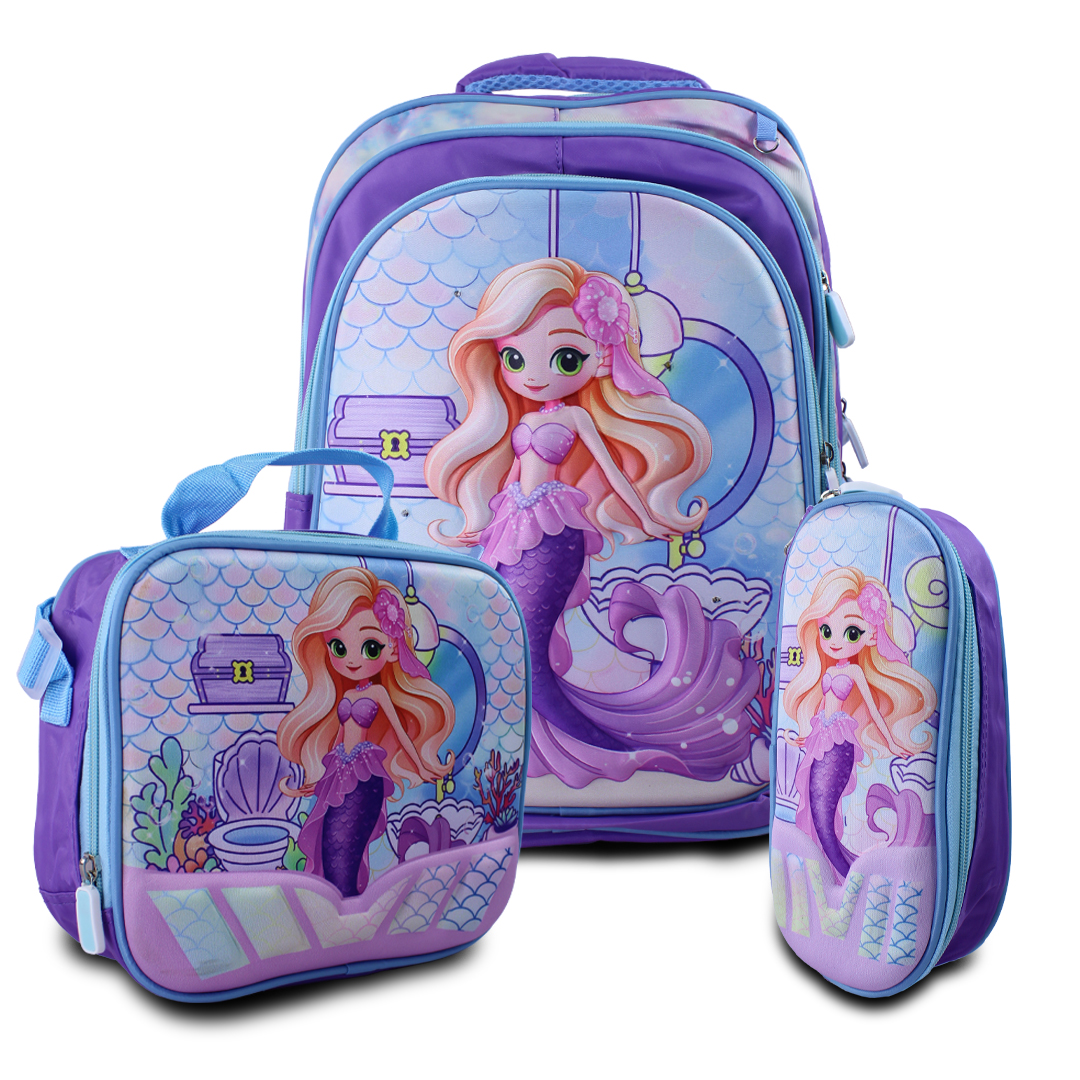 Kit Mochila Lonchera Y Lapicera Diseño Sirenita Para Niños .