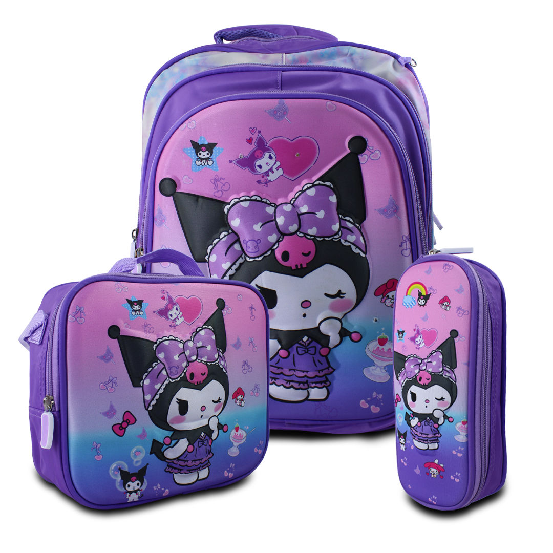 Kit Mochila Lonchera Y Lapicera De Kuromi Para Ninos