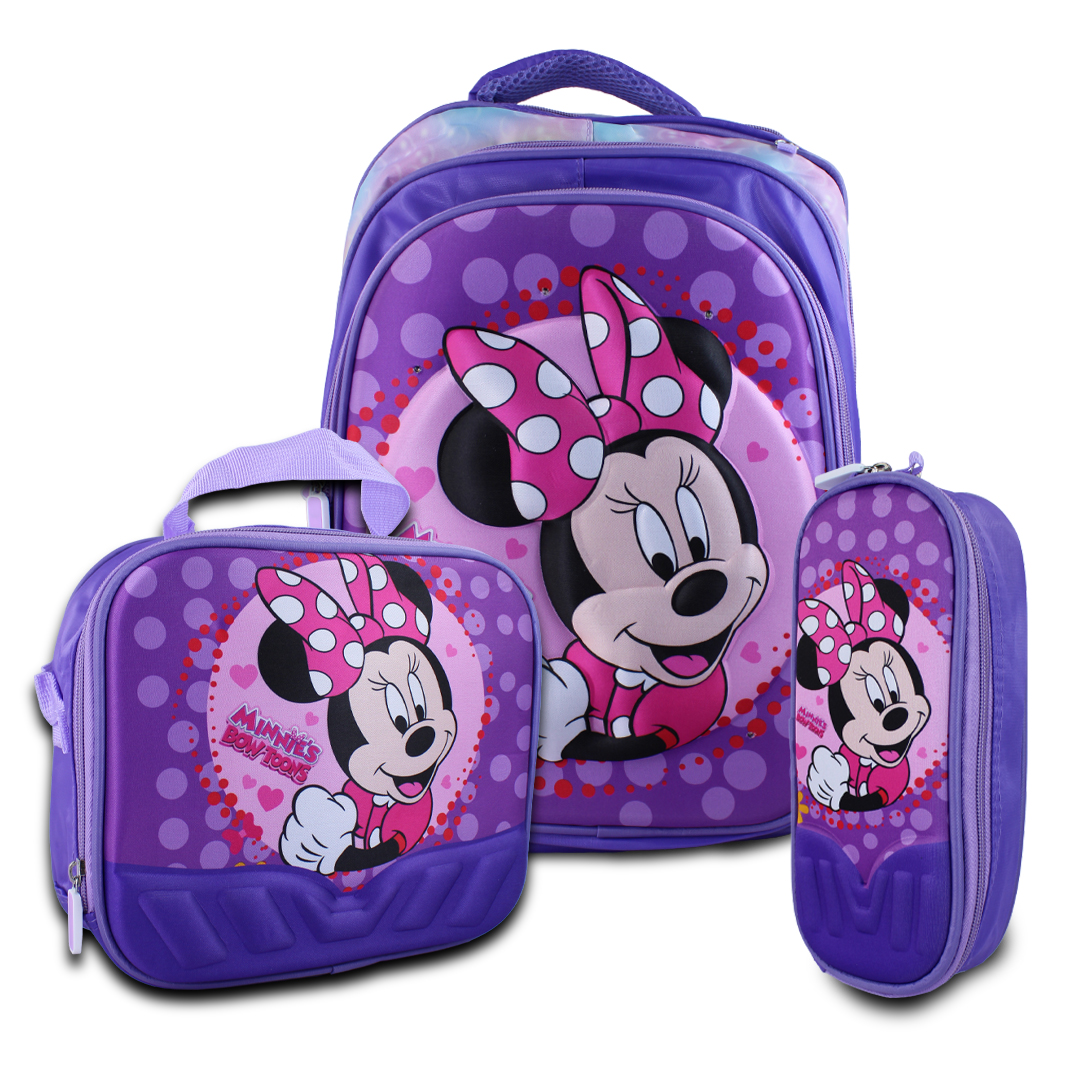 Kit Mochila Lonchera Y Lapicera De Minie Mouse Para Niños.