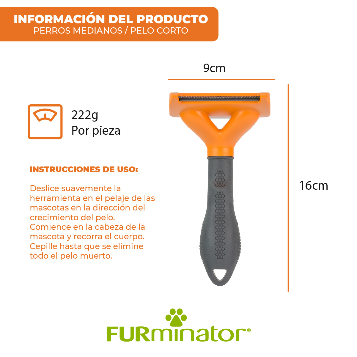 Cepillo Deslanador Furminator para Perro Mediano de Pelo Corto, Naranja