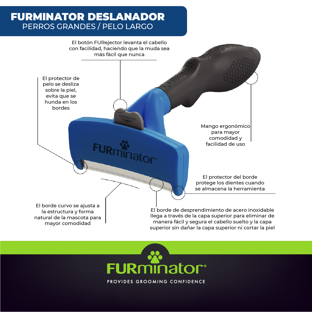 Cepillo deslanador Furminator de pelo largo para perro grande. Color azul