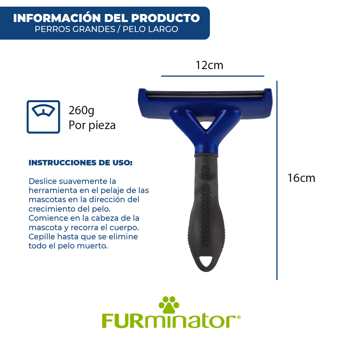 Cepillo deslanador Furminator de pelo largo para perro grande. Color azul