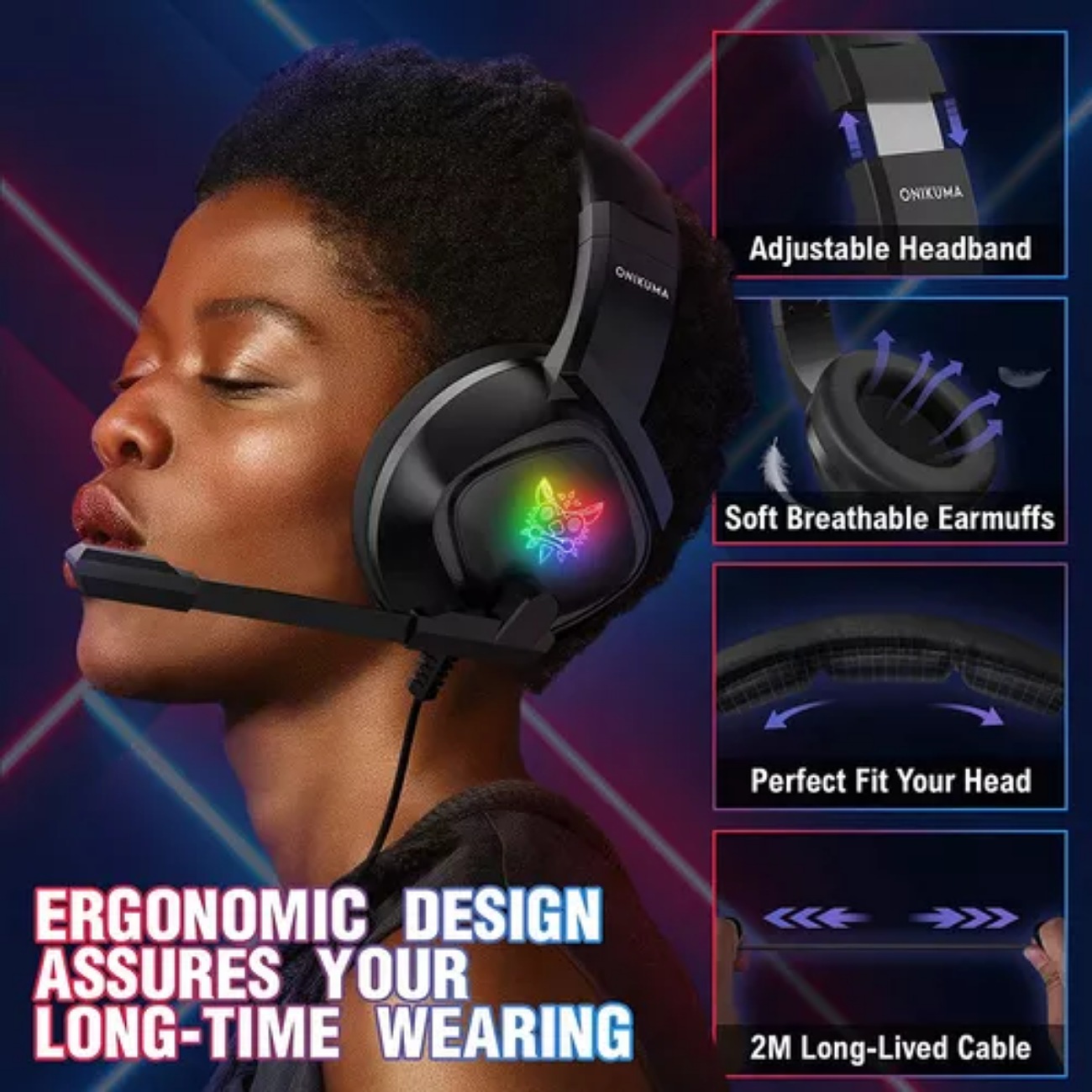Audífonos Gamer Onikuma K19 Con micrófono Luz Rgb Led Para Xbox Ps4 Pc