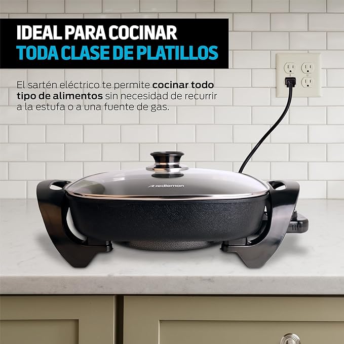 Redlemon Sartén Eléctrico Antiadherente de 4.5 Litros con Tapa de Vidrio Templado y Regulador Ajustable de Hasta 5 Temperaturas, Sartén con Parrilla Eléctrica Ideal para Cocinar Todo Tipo de Platillos