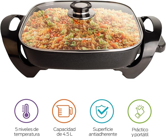 Redlemon Sartén Eléctrico Antiadherente de 4.5 Litros con Tapa de Vidrio Templado y Regulador Ajustable de Hasta 5 Temperaturas, Sartén con Parrilla Eléctrica Ideal para Cocinar Todo Tipo de Platillos