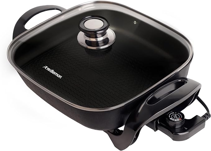 Redlemon Sartén Eléctrico Antiadherente de 4.5 Litros con Tapa de Vidrio Templado y Regulador Ajustable de Hasta 5 Temperaturas, Sartén con Parrilla Eléctrica Ideal para Cocinar Todo Tipo de Platillos