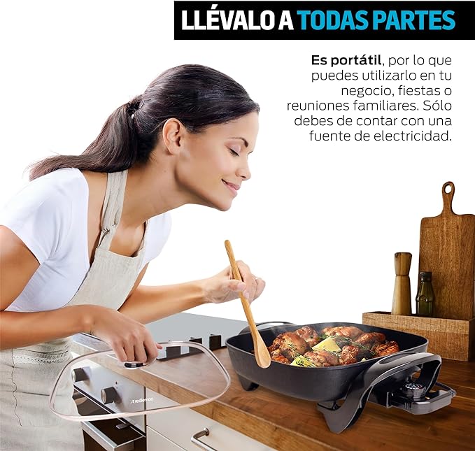 Redlemon Sartén Eléctrico Antiadherente de 4.5 Litros con Tapa de Vidrio Templado y Regulador Ajustable de Hasta 5 Temperaturas, Sartén con Parrilla Eléctrica Ideal para Cocinar Todo Tipo de Platillos