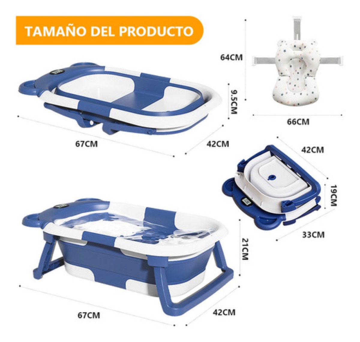 Bañera Bebés Plegable Tina De Baño Con Cojín  Azul.