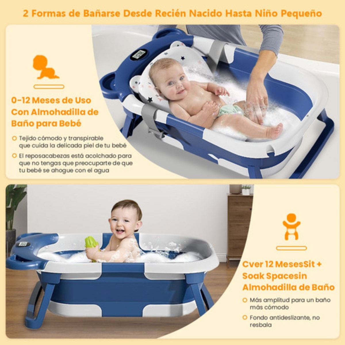 Bañera Bebés Plegable Tina De Baño Con Cojín  Azul.