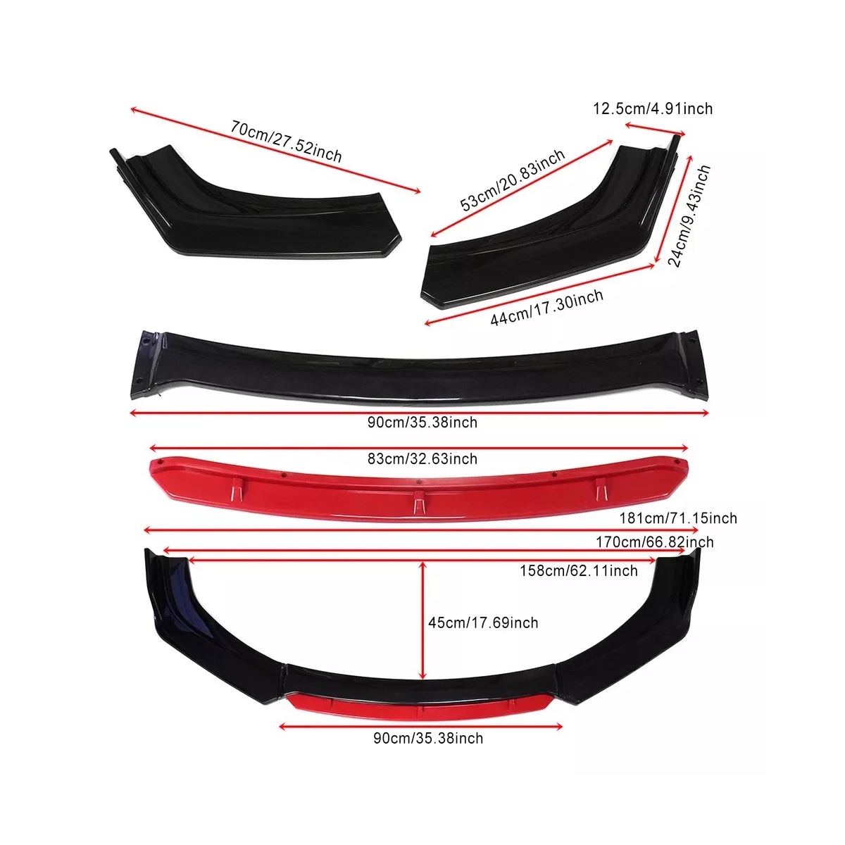 Lip Delantero Universal 4 Piezas Desarmabl Importado Spoiler Negro/Rojo