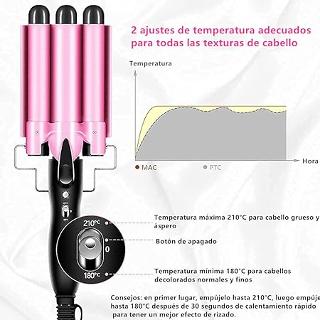 A Rizador de Pelo, Ondas Cerámica con Temperatura Ajustable, Triple Tubo Rizador de Cabello de 25mm, Herramienta de Peinado Automático para Mujer Cabello Largo/Corto y Viajero Regalo (Rosado).