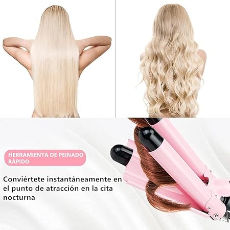 A Rizador de Pelo, Ondas Cerámica con Temperatura Ajustable, Triple Tubo Rizador de Cabello de 25mm, Herramienta de Peinado Automático para Mujer Cabello Largo/Corto y Viajero Regalo (Rosado).