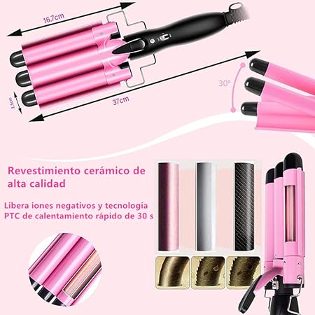 A Rizador de Pelo, Ondas Cerámica con Temperatura Ajustable, Triple Tubo Rizador de Cabello de 25mm, Herramienta de Peinado Automático para Mujer Cabello Largo/Corto y Viajero Regalo (Rosado).