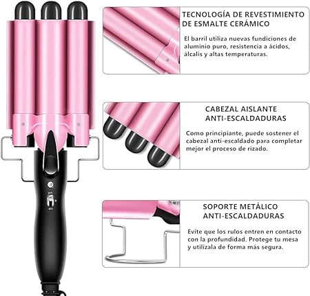 A Rizador de Pelo, Ondas Cerámica con Temperatura Ajustable, Triple Tubo Rizador de Cabello de 25mm, Herramienta de Peinado Automático para Mujer Cabello Largo/Corto y Viajero Regalo (Rosado).