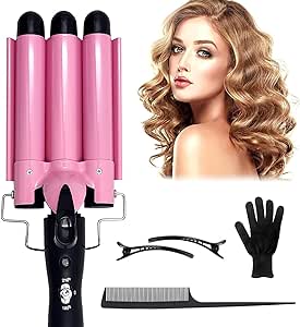 A Rizador de Pelo, Ondas Cerámica con Temperatura Ajustable, Triple Tubo Rizador de Cabello de 25mm, Herramienta de Peinado Automático para Mujer Cabello Largo/Corto y Viajero Regalo (Rosado).