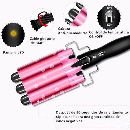 A Rizador de Pelo, Ondas Cerámica con Temperatura Ajustable, Triple Tubo Rizador de Cabello de 25mm, Herramienta de Peinado Automático para Mujer Cabello Largo/Corto y Viajero Regalo (Rosado).