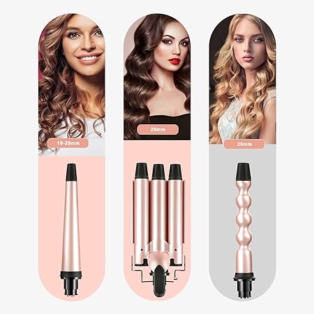 A Rizador de Cabello, Juego de Rizadora de Pelo 3 en 1 con 3 Barriles, Ferro de Rizador de Cabello Intercambiables, Ondas Cerámica con Temperatura Ajustable Calentamiento Rápido, para Todo Tipo de Pelo.