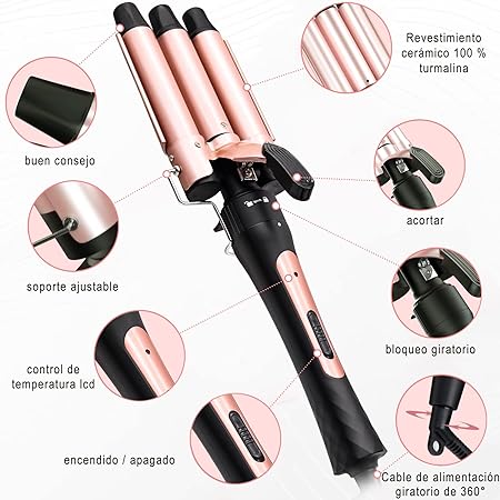 A Rizador de Cabello, Juego de Rizadora de Pelo 3 en 1 con 3 Barriles, Ferro de Rizador de Cabello Intercambiables, Ondas Cerámica con Temperatura Ajustable Calentamiento Rápido, para Todo Tipo de Pelo.