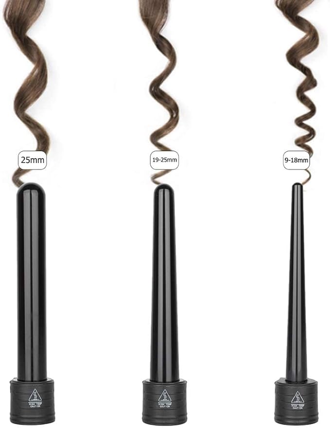 A Rizador de Cabello, 3 en 1 Pinzas Rizadoras con Guantes, Rizador de Pelo de Cerámica Ajustable con Peines y Clips Juego de varillas de rizador de pelo con LED de Temperatura Ajustable para Cabello Largo y Corto Herramientas de Peinado.