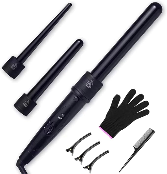 A Rizador de Cabello, 3 en 1 Pinzas Rizadoras con Guantes, Rizador de Pelo de Cerámica Ajustable con Peines y Clips Juego de varillas de rizador de pelo con LED de Temperatura Ajustable para Cabello Largo y Corto Herramientas de Peinado.
