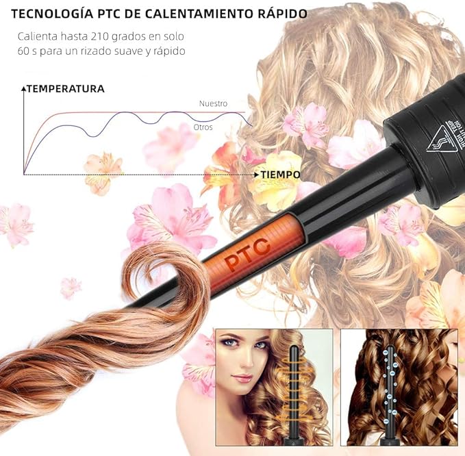 A Rizador de Cabello, 3 en 1 Pinzas Rizadoras con Guantes, Rizador de Pelo de Cerámica Ajustable con Peines y Clips Juego de varillas de rizador de pelo con LED de Temperatura Ajustable para Cabello Largo y Corto Herramientas de Peinado.