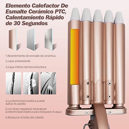 A Rizador de Pelo, Ondas Cerámica con Temperatura Ajustable, Cinco Tubo Rizador de Cabello de 22mm, se Calienta Rápidamente para Mujer Cabello Largo/Corto y Viajero Regalo