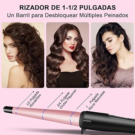 A Rizador de Pelo Profesional, Moldeador Cabello de Cerámica 1 Tubo, Juego de Rizadora para Cabello con Guantes Peines y Clips, Calentamiento Rápido y Temperatura Ajustable, para Todo Tipo de Pelo