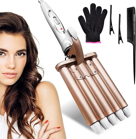 A Rizador de Pelo, Ondas Cerámica con Temperatura Ajustable, Cinco Tubo Rizador de Cabello de 22mm, se Calienta Rápidamente para Mujer Cabello Largo/Corto y Viajero Regalo