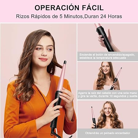 A Rizador de Pelo Profesional, Moldeador Cabello de Cerámica 1 Tubo, Juego de Rizadora para Cabello con Guantes Peines y Clips, Calentamiento Rápido y Temperatura Ajustable, para Todo Tipo de Pelo