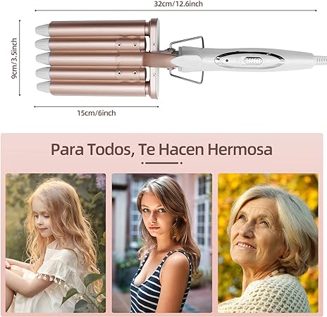 A Rizador de Pelo, Ondas Cerámica con Temperatura Ajustable, Cinco Tubo Rizador de Cabello de 22mm, se Calienta Rápidamente para Mujer Cabello Largo/Corto y Viajero Regalo