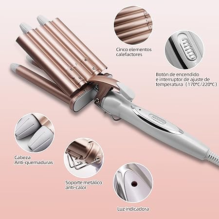 A Rizador de Pelo, Ondas Cerámica con Temperatura Ajustable, Cinco Tubo Rizador de Cabello de 22mm, se Calienta Rápidamente para Mujer Cabello Largo/Corto y Viajero Regalo