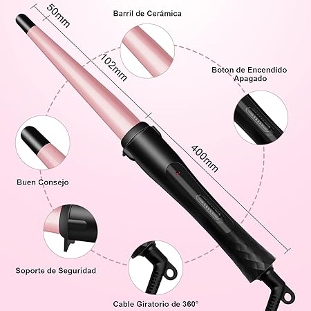 A Rizador de Pelo Profesional, Moldeador Cabello de Cerámica 1 Tubo, Juego de Rizadora para Cabello con Guantes Peines y Clips, Calentamiento Rápido y Temperatura Ajustable, para Todo Tipo de Pelo