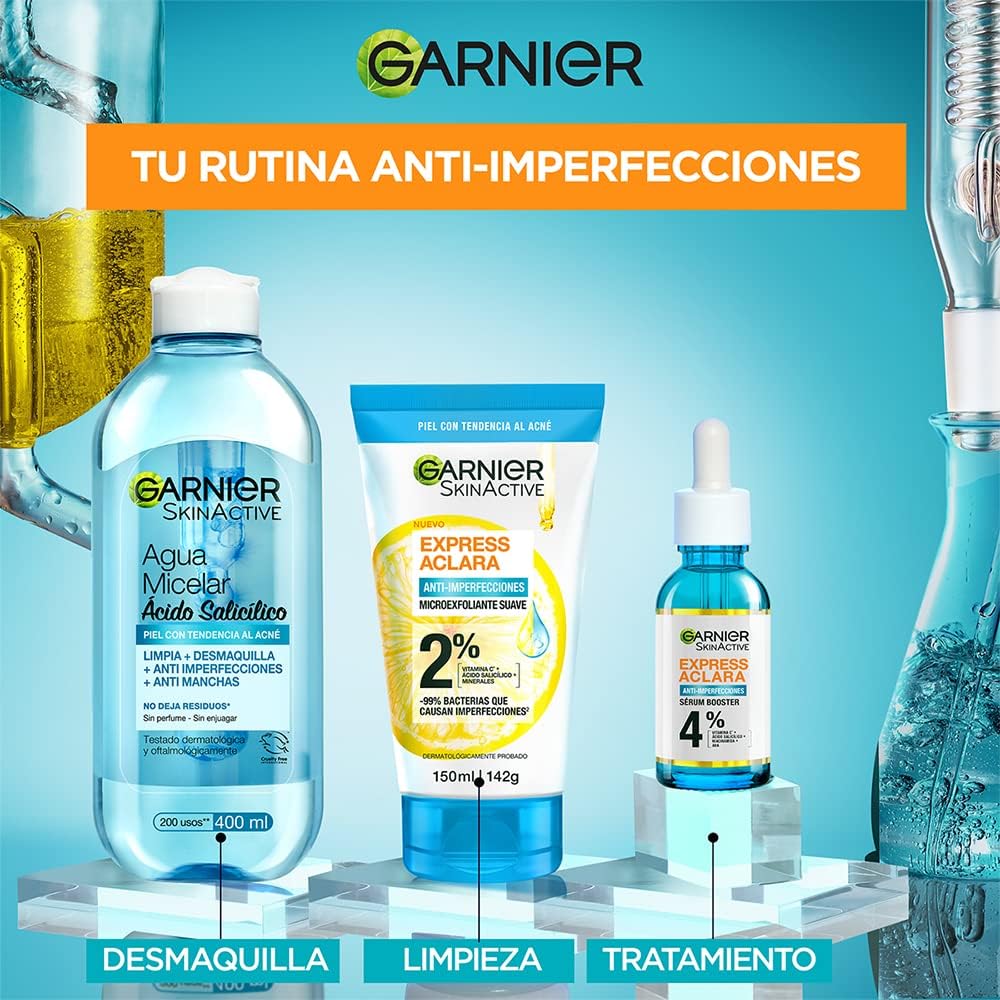 Kit Garnier Rutina Express Aclara Anti Acné con Ácido Salicílico + Vitamina C y AHA, Serum, Agua Micelar Skin Active, 3 Piezas