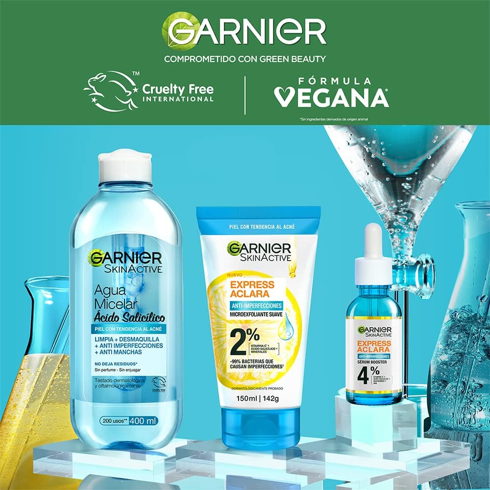Kit Garnier Rutina Express Aclara Anti Acné con Ácido Salicílico + Vitamina C y AHA, Serum, Agua Micelar Skin Active, 3 Piezas