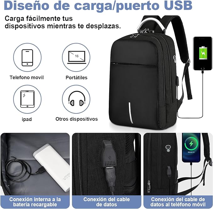 A Antirrobo para Laptop, Mochilas para Hombre Impermeable y Transpirable Con bloqueo de contraseña, Mochila con USB Puerto y Puerto Audífonos para Laptop Hasta 15.6 Pulgadas (Negro).