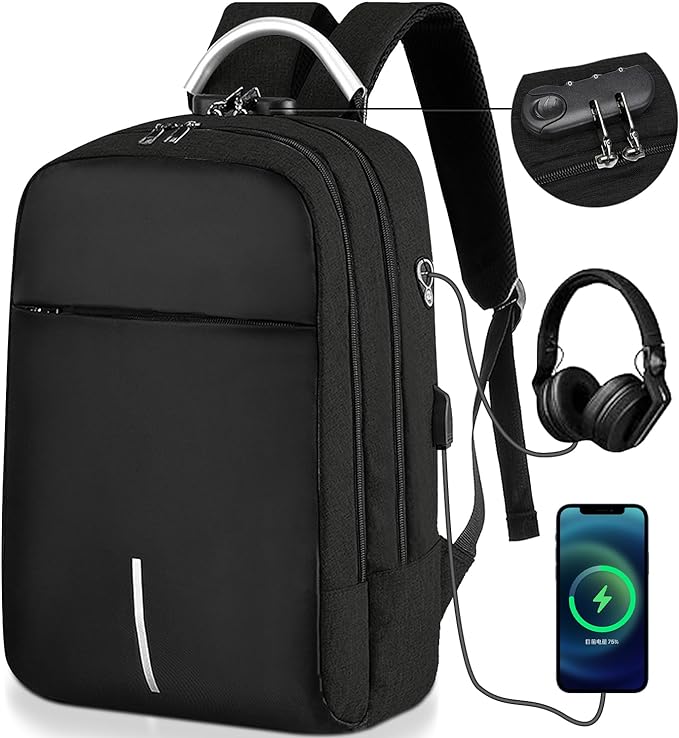 A Antirrobo para Laptop, Mochilas para Hombre Impermeable y Transpirable Con bloqueo de contraseña, Mochila con USB Puerto y Puerto Audífonos para Laptop Hasta 15.6 Pulgadas (Negro).