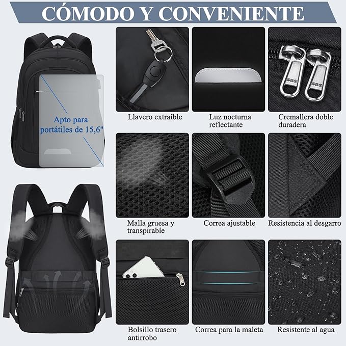A Mochila de Viaje Hombre 28L Mochilas para Laptop 15.6 Pulgadas Impermeable para Antirrobo USB Estudiante Universitario Negro.