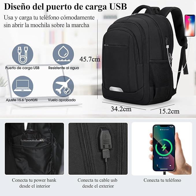A Mochila de Viaje Hombre 28L Mochilas para Laptop 15.6 Pulgadas Impermeable para Antirrobo USB Estudiante Universitario Negro.