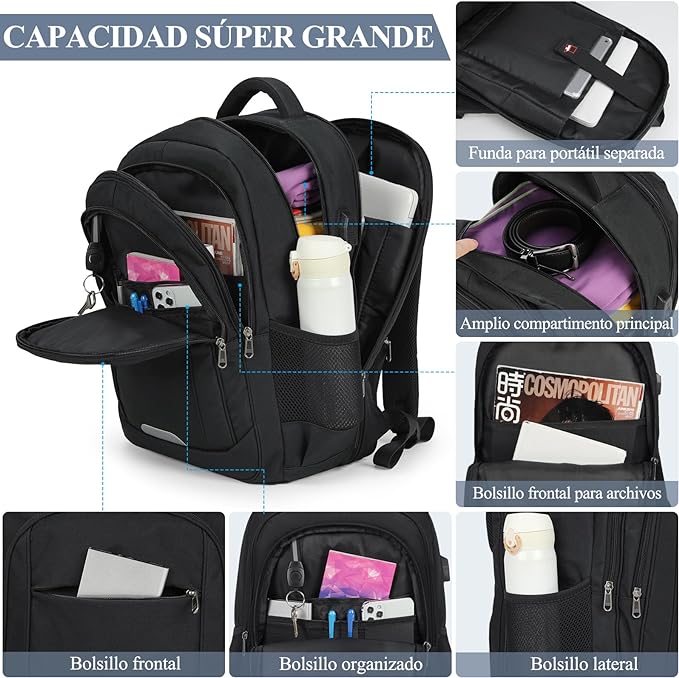 A Mochila de Viaje Hombre 28L Mochilas para Laptop 15.6 Pulgadas Impermeable para Antirrobo USB Estudiante Universitario Negro.