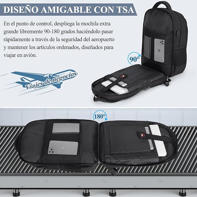 A Mochila de Viaje Hombre 28L Mochilas para Laptop 15.6 Pulgadas Impermeable para Antirrobo USB Estudiante Universitario Negro.