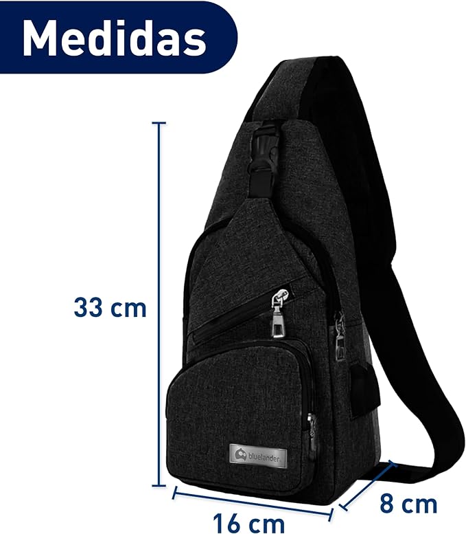 A Mochila Cruzada Antirrobo Impermeable, Bolso de Pecho para Hombre, Bolso Bandolera con Puerto de Carga USB, Perfecta para Celular, Tablets, Actividades como Deportes, Compras
