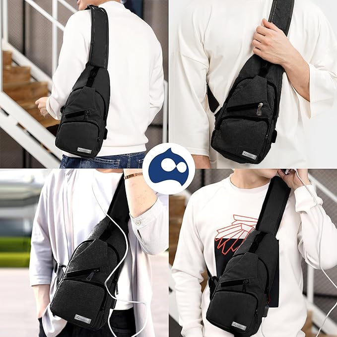 A Mochila Cruzada Antirrobo Impermeable, Bolso de Pecho para Hombre, Bolso Bandolera con Puerto de Carga USB, Perfecta para Celular, Tablets, Actividades como Deportes, Compras