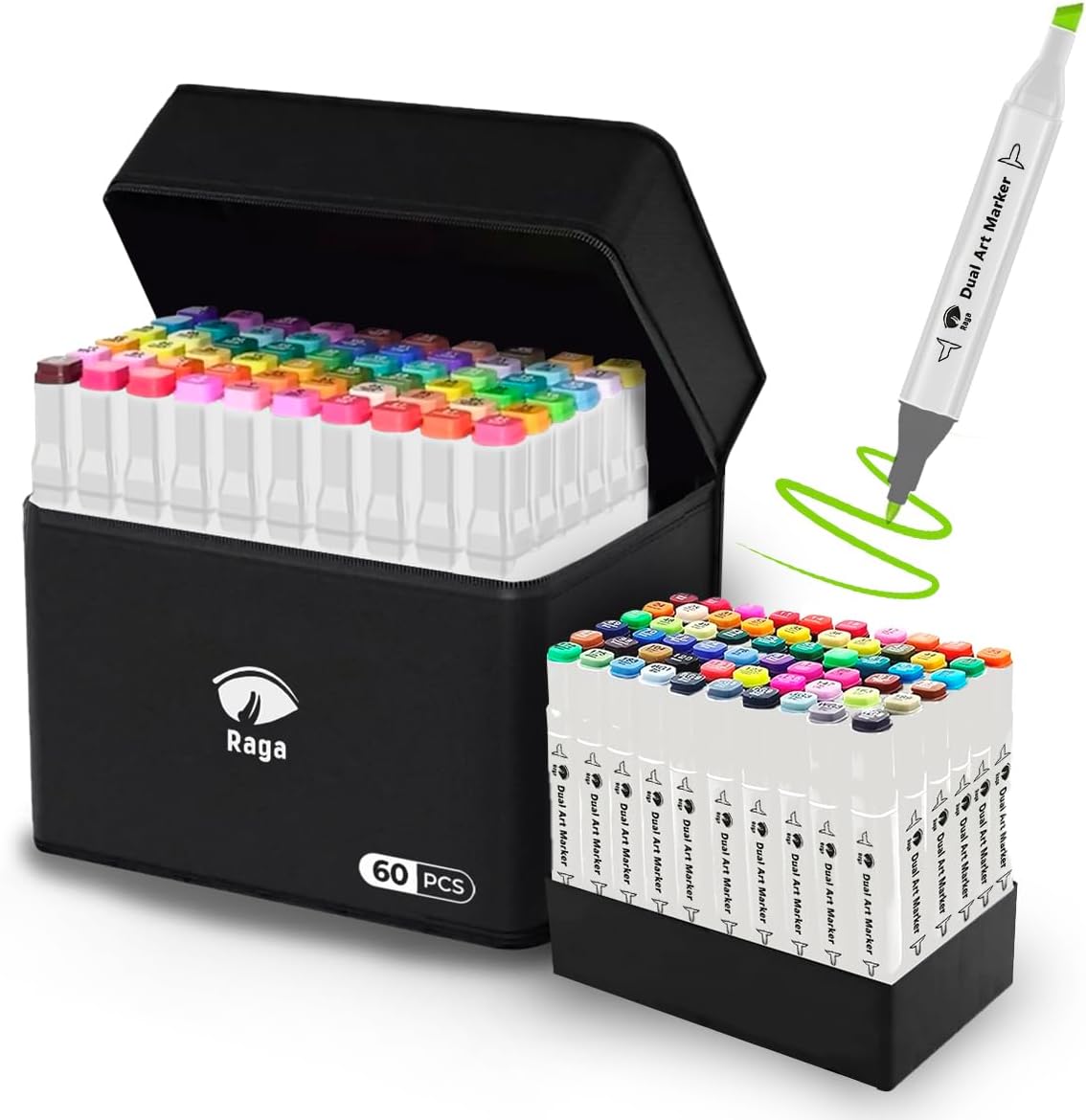 A Raganet, 60 Plumones Doble Punta, Marcadores Punta Ancha y Delgada, No Tóxicos, De Dibujo Profesional y Para Niños, (60 Colores Diferentes)