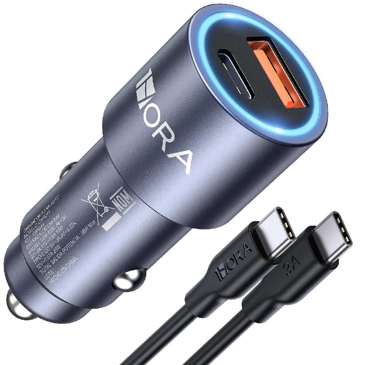 Cargador Automóvil Carga Turbo QC 3.0 Dual USB y Tipo C 1Hora.