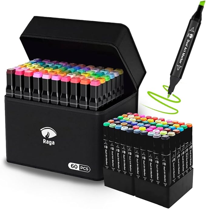 A Raganet, 60 Plumones Doble Punta, Marcadores Punta Ancha y Delgada, No Tóxicos, De Dibujo Profesional y Para Niños, (60 Colores Diferentes) (Negro)