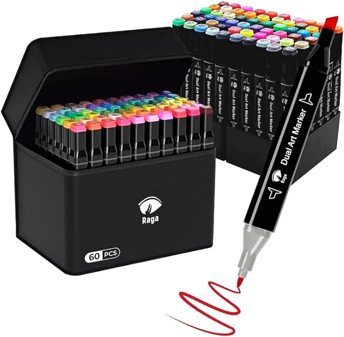 A Raganet, 60 Plumones Doble Punta, Marcadores Punta Ancha y Delgada, No Tóxicos, De Dibujo Profesional y Para Niños, (60 Colores Diferentes) (Negro)