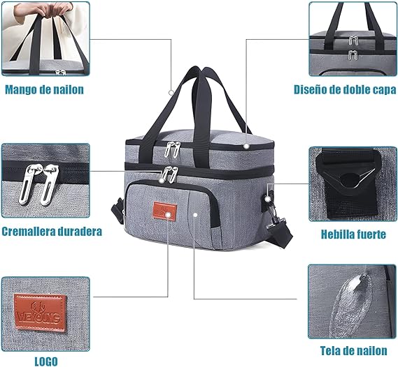 A Bolsa del Almuerzo,Lonchera/Hielera Reutilizable de Doble Cubierta,con Correa de Hombro Ajustable,Impermeable y a Prueba de Fugas,Bolsa Térmica Loncheras para Trabajo,Escuela,Campamento,Picnic,Viajes