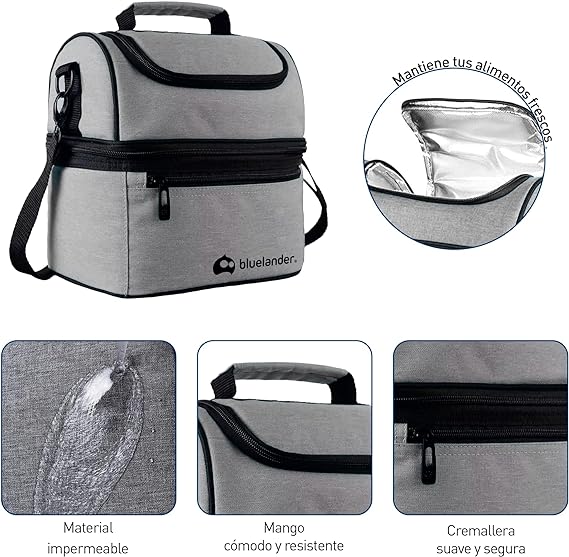 A Bluelander Lonchera Portátil para Adulto de Dos Pisos Aislamiento Térmico, Bolsa Hielera de Almuerzo para Hombre y Mujer con Asas, Correa Ajustable Para Hombro, Impermeable y Térmica (Negro)