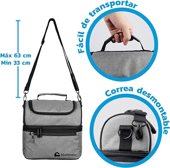 A Bluelander Lonchera Portátil para Adulto de Dos Pisos Aislamiento Térmico, Bolsa Hielera de Almuerzo para Hombre y Mujer con Asas, Correa Ajustable Para Hombro, Impermeable y Térmica (Negro)