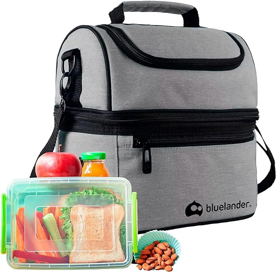 A Bluelander Lonchera Portátil para Adulto de Dos Pisos Aislamiento Térmico, Bolsa Hielera de Almuerzo para Hombre y Mujer con Asas, Correa Ajustable Para Hombro, Impermeable y Térmica (Negro)